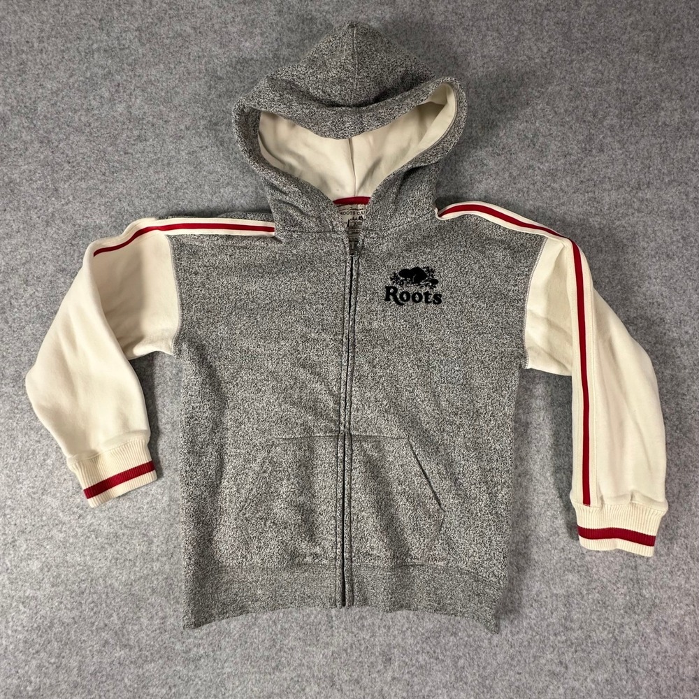 Roots Zip Up Hoodie L/G 9-10 Gray Kids Cabin Fleece Striped Sleeve